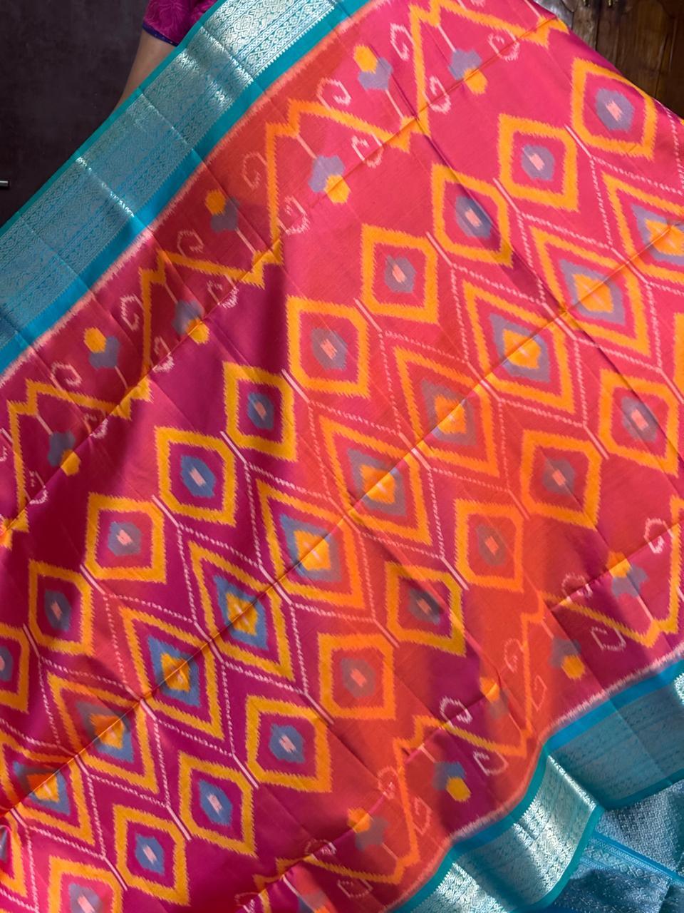 PURE SOFT SILK SAREE ORANGE AND BLUE WITH ALLOVER IKKAT DESIGN WEAVES IN BORDER AND PALLU KANCHI STYLE - pochampallysarees.com