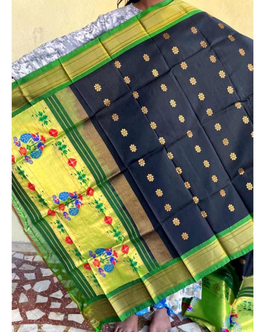 PAITHANI SILK BLACK WITH GREEN COLOR DPATTA-PSD21 - pochampallysarees.com