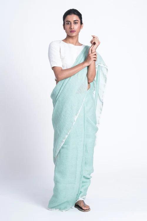 Pale blue Pure Linen Saree - pochampallysarees.com