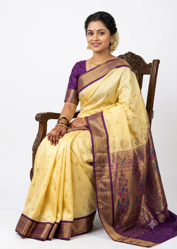 A smiling Indian woman seated gracefully on a carved wooden chair, wearing an elegant pale yellow Semi Gadwal Paithani saree with a rich purple and gold zari border, perfectly paired with a matching purple blouse against a white background.