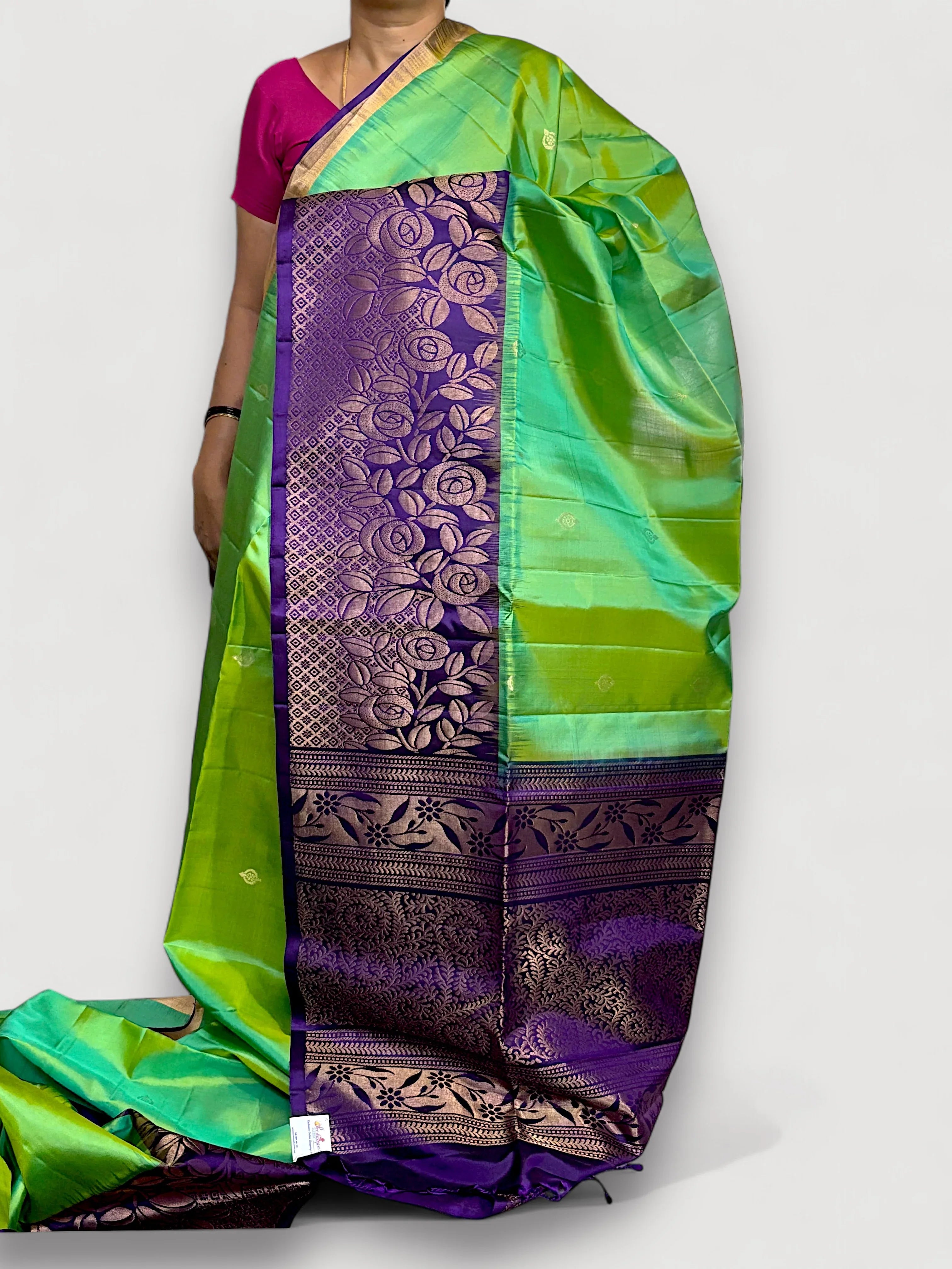 Parrot Green Lavender Color Designer Kanchi Pure Soft Silk Saree - pochampallysarees.com