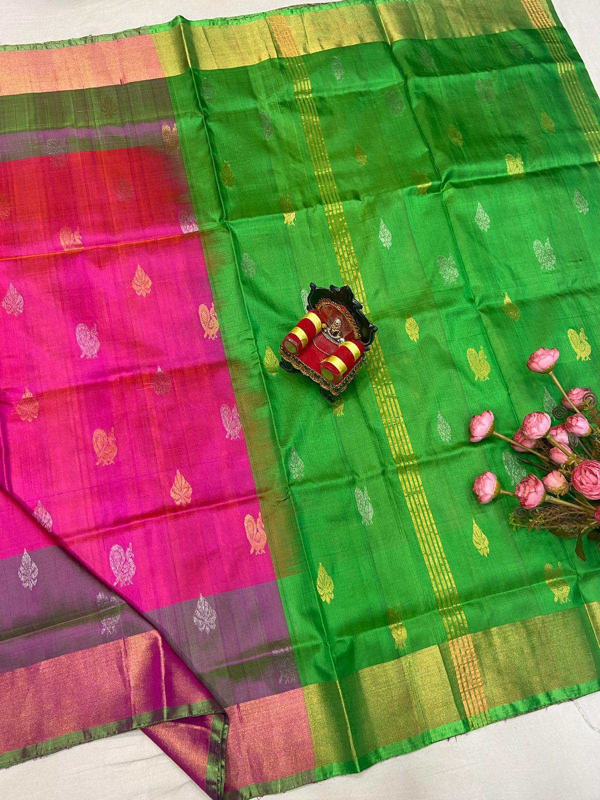 Pink Uppada Butta Pure Silk Saree - pochampallysarees.com