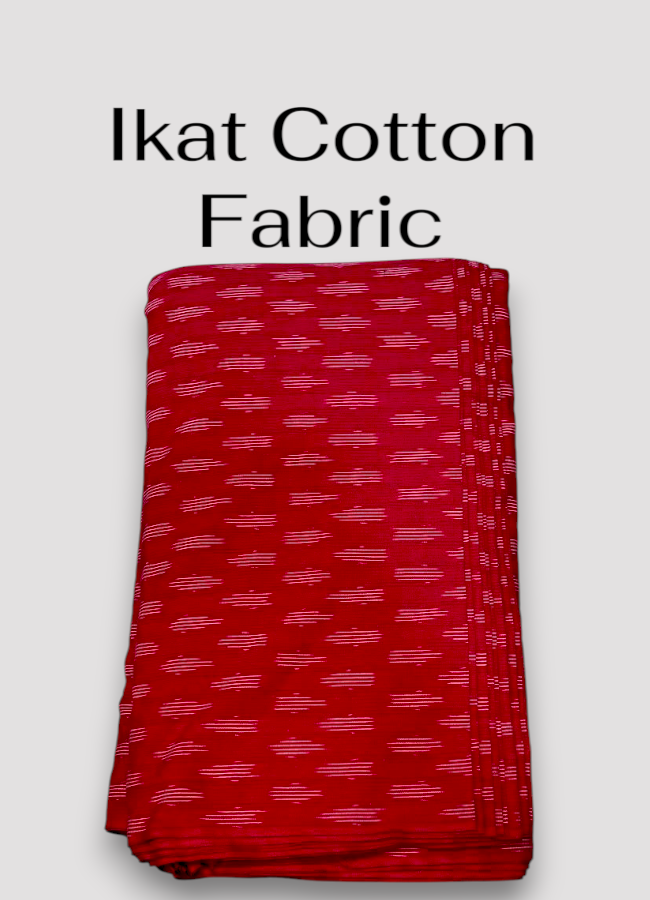 Folded vibrant pinkish-red Pochampally Ikat cotton fabric featuring a repeating white horizontal woven pattern.