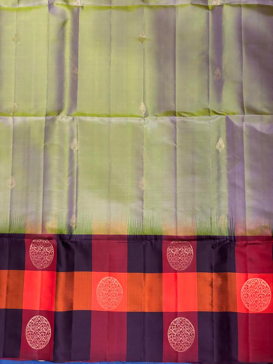 PURE SOFT SILK SAREE PISTA GREEN AND CHOCOLATE WITH ALLOVER ZARI WEAVES IN BORDER CHECKS WITH BUTTAS STYLE - pochampallysarees.com