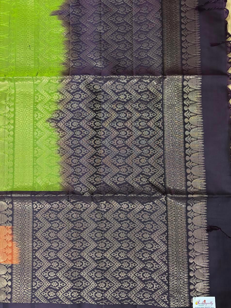 PURE SOFT SILK SAREE PISTA GREEN AND CHOCOLATE WITH ALLOVER ZARI WEAVES IN BORDER CHECKS WITH BUTTAS STYLE - pochampallysarees.com