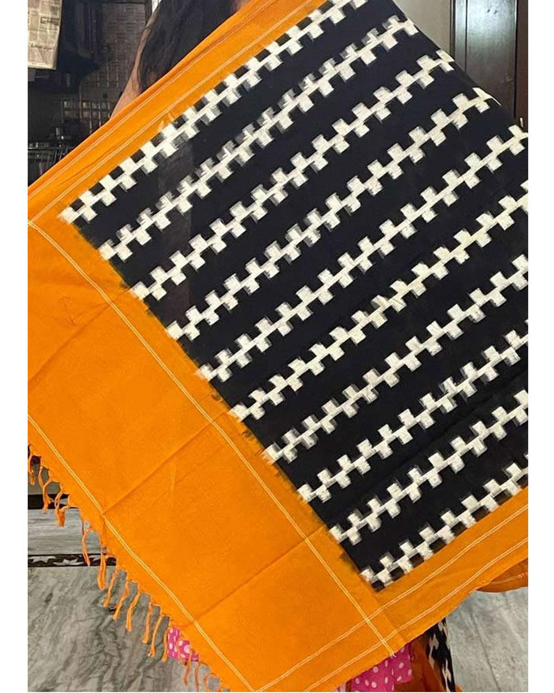 POCHAMPALLY COTTON BLACK WITH YELLOW COLOR DUPATTA-C19 - pochampallysarees.com