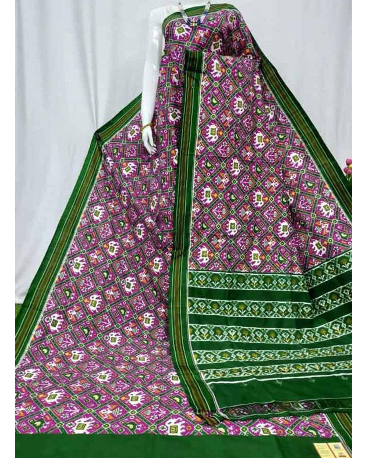 POCHAMPALLY DOUBLE IKAT PATOLA SILK PINK WITH GREEN COLOR SAREE - pochampallysarees.com