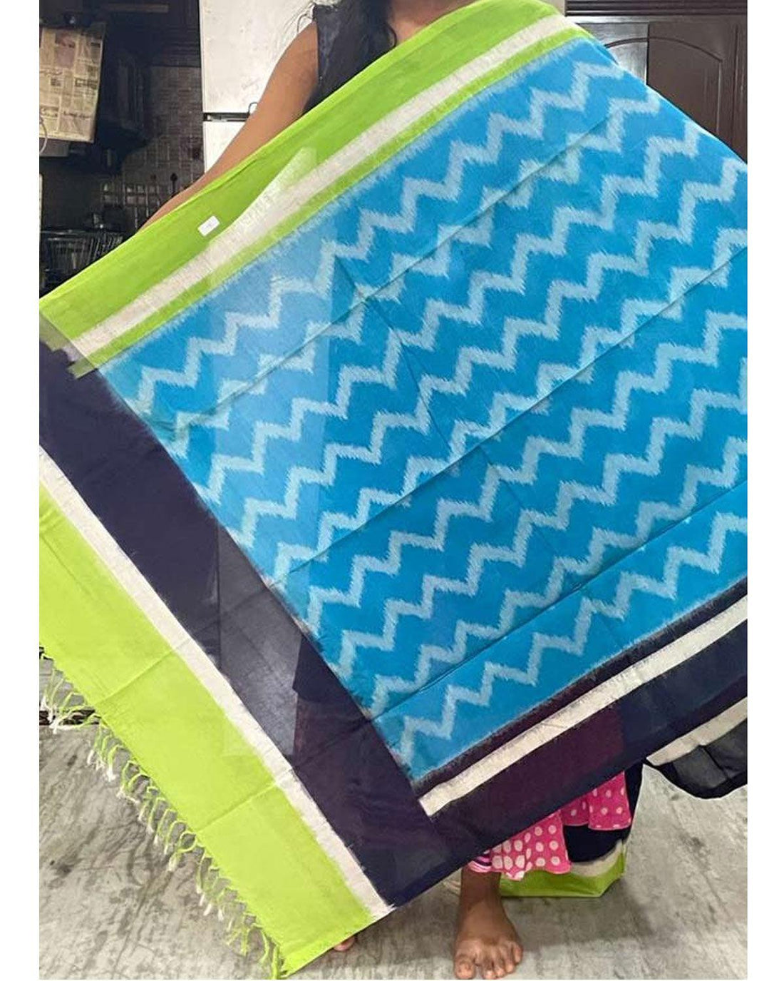 POCHAMPALLY IKAT COTTON ANANDA BLUE WITH GREEN COLOR DUPATTA-C3 - pochampallysarees.com