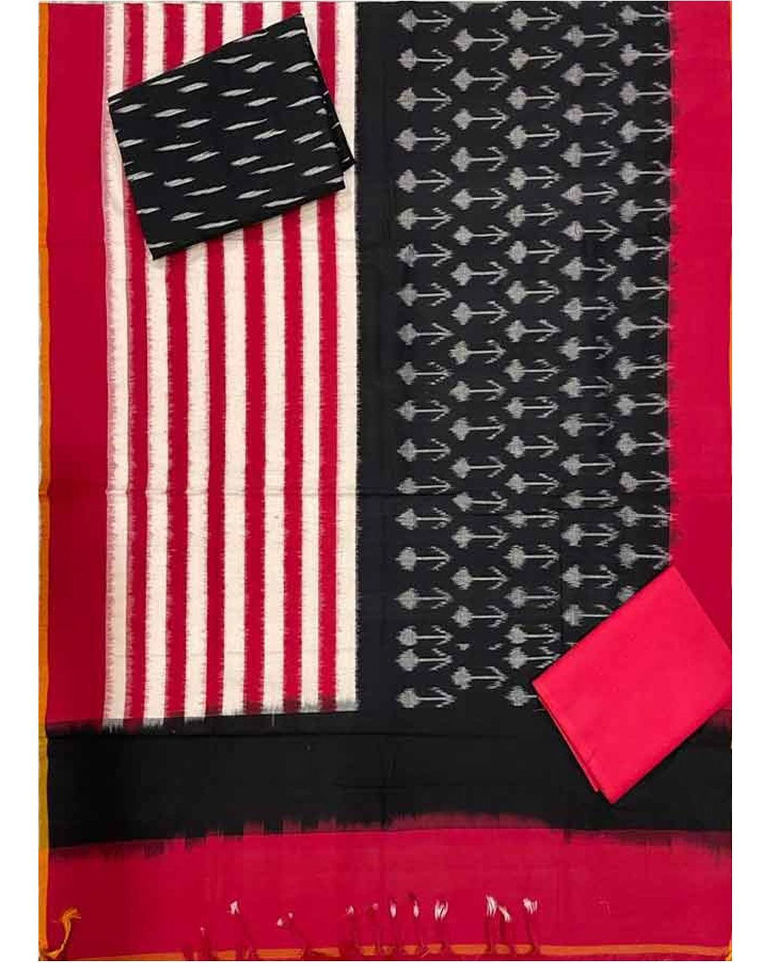 POCHAMPALLY IKAT COTTON BLACK WITH RED COLOR DRESS MATERIAL - C40 - pochampallysarees.com