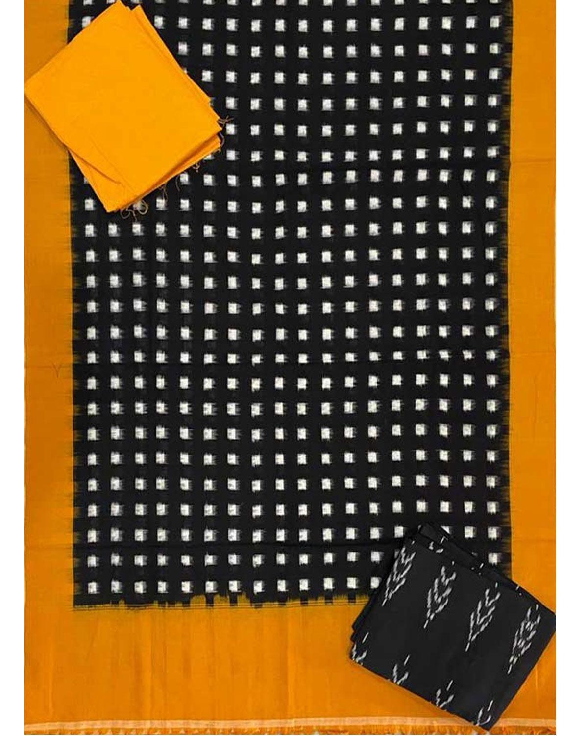 POCHAMPALLY IKAT COTTON BLACK WITH YELLOW COLOR DRESS MATERIAL-A10 - pochampallysarees.com