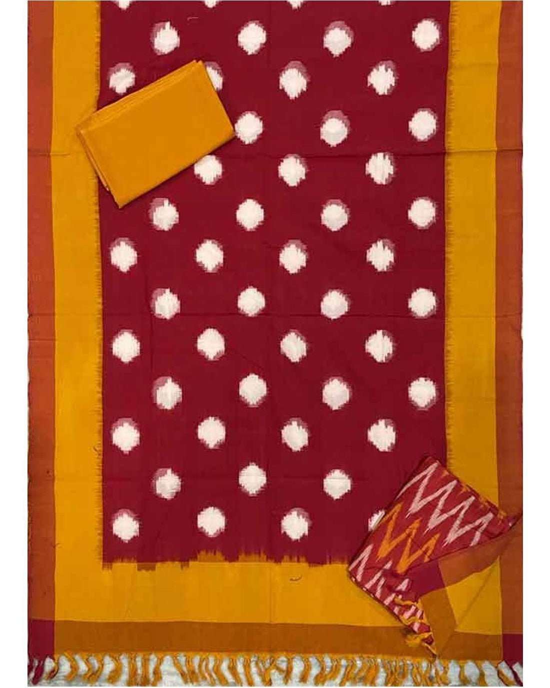 POCHAMPALLY IKAT COTTON RED WITH YELLOW COLOR DRESS MATERIAL - C28 - pochampallysarees.com
