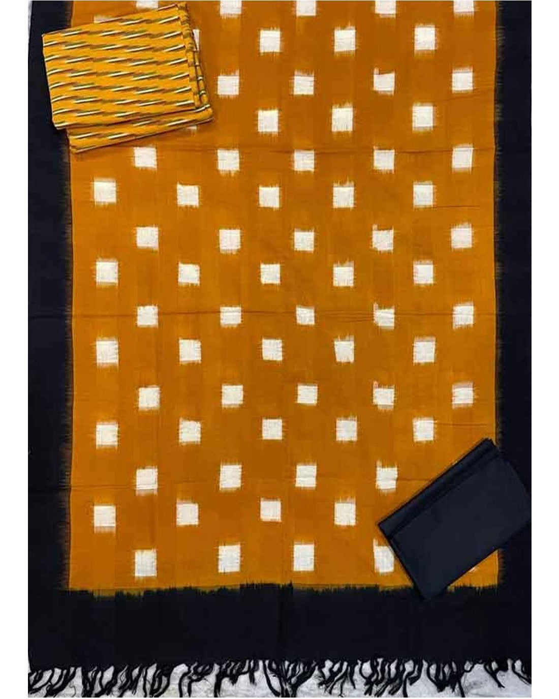 POCHAMPALLY IKAT COTTON YELLOW WITH BLACK COLOR DRESS MATERIAL - C30 - pochampallysarees.com