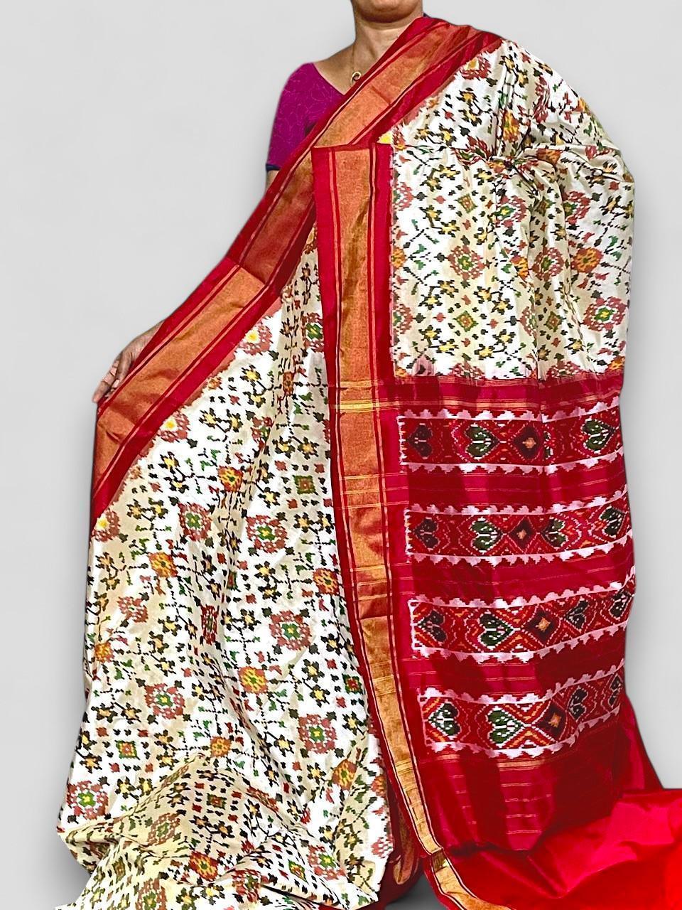 Pochampally Ikat Patola Cream With Red Sari - pochampallysarees.com