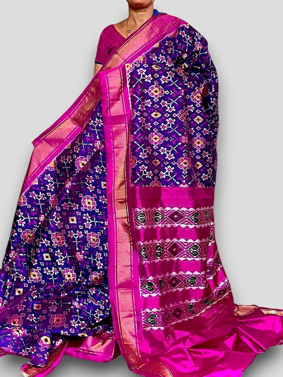 Pochampally Ikkat Patola Silk Purple Body With Border And Pallu Pink Sari - pochampallysarees.com