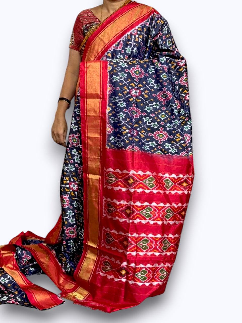 Pochampally Ikat Patola Silk Navy Blue Red Sari - pochampallysarees.com