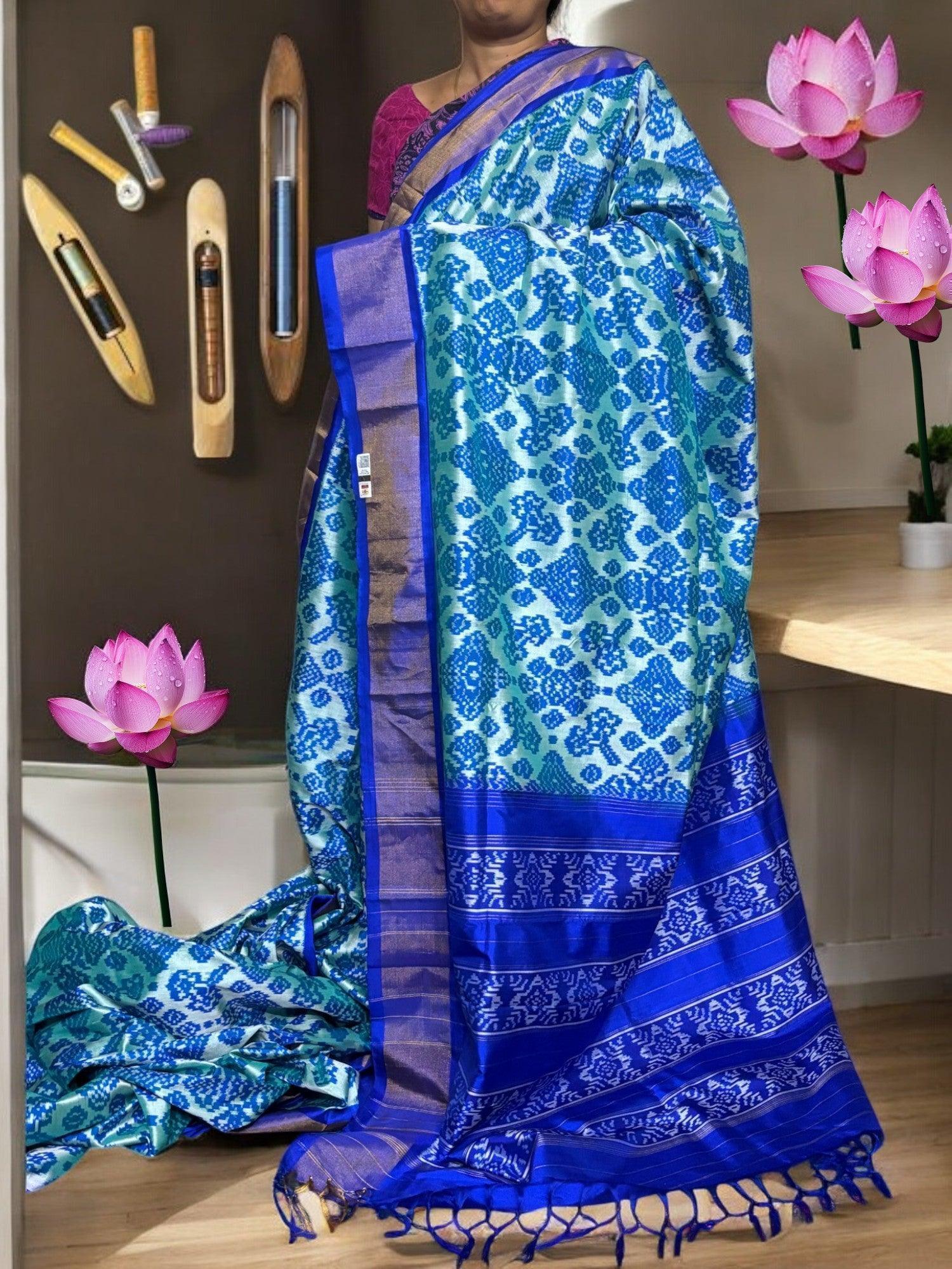 Pochampally Ikat Silk Blue Patola Sari - pochampallysarees.com