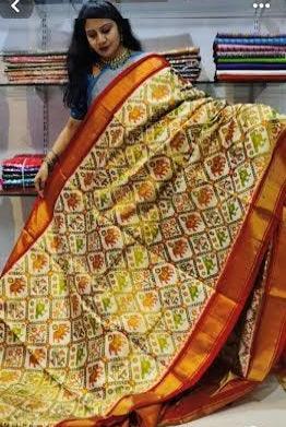 Pochampally ikat Silk Cream Red Saree - pochampallysarees.com