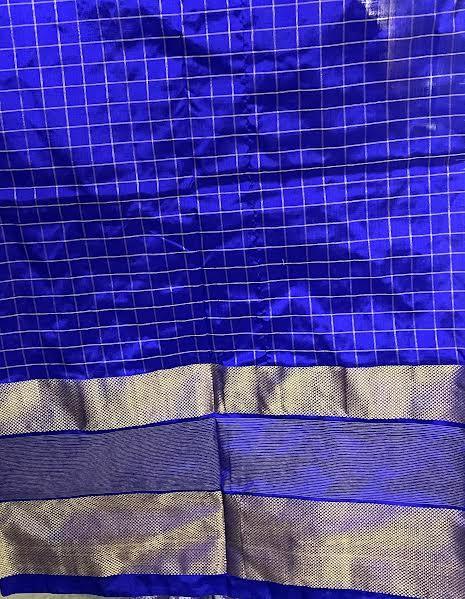 Pochampally Ikat Silk Cream Zari Checks Body With Border And Pallu Blue Sari - pochampallysarees.com