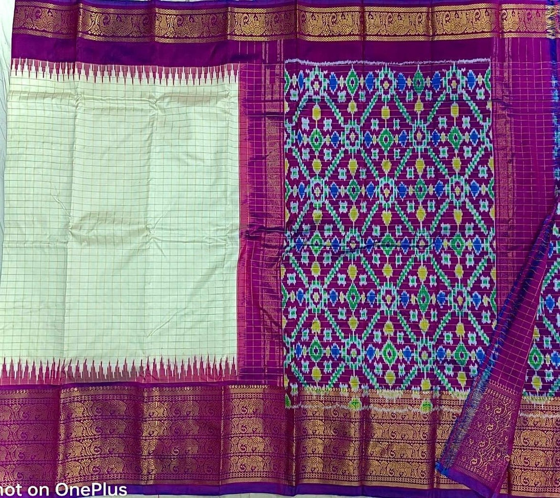 Pochampally Ikat Silk Cream Zari Checks Body With Border And Pallu Purple Sari - pochampallysarees.com
