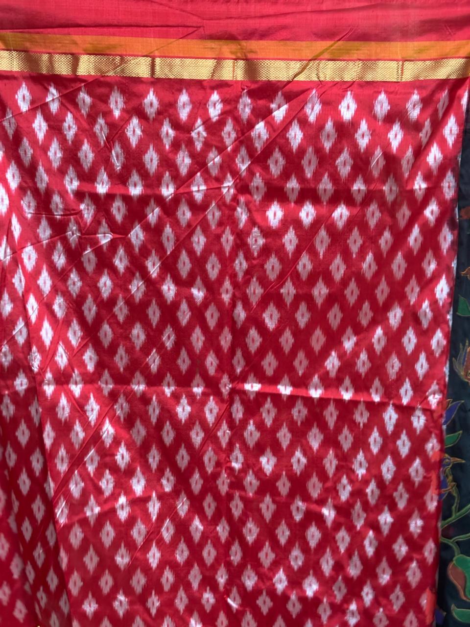 Pochampally Ikat Silk kalamkari Designer Black Red Sari - pochampallysarees.com