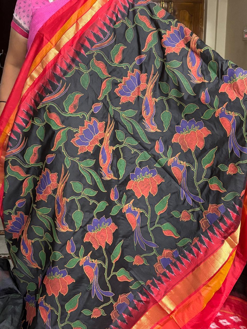 Pochampally Ikat Silk kalamkari Designer Black Red Sari - pochampallysarees.com