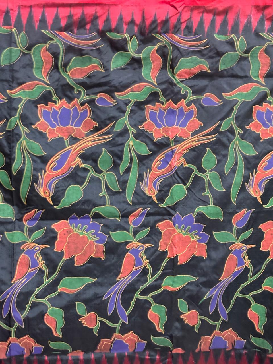 Pochampally Ikat Silk kalamkari Designer Black Red Sari - pochampallysarees.com