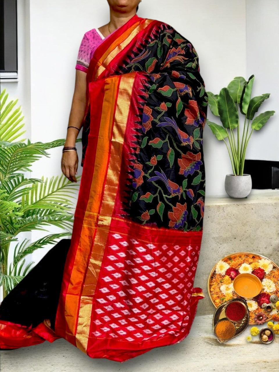 Pochampally Ikat Silk kalamkari Designer Black Red Sari - pochampallysarees.com