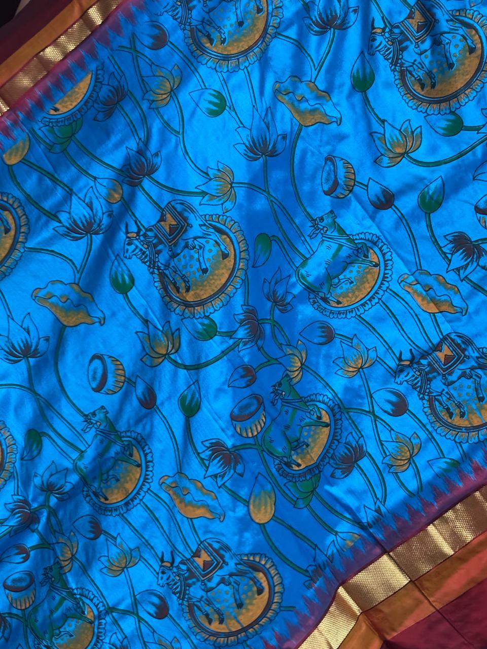 Pochampally Ikat Silk kalamkari Designer Blue Maroon Sari - pochampallysarees.com