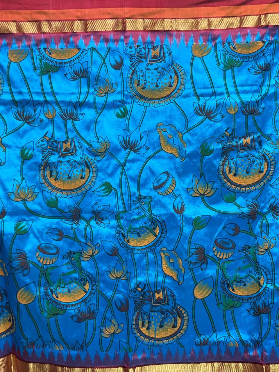 Pochampally Ikat Silk kalamkari Designer Blue Maroon Sari - pochampallysarees.com