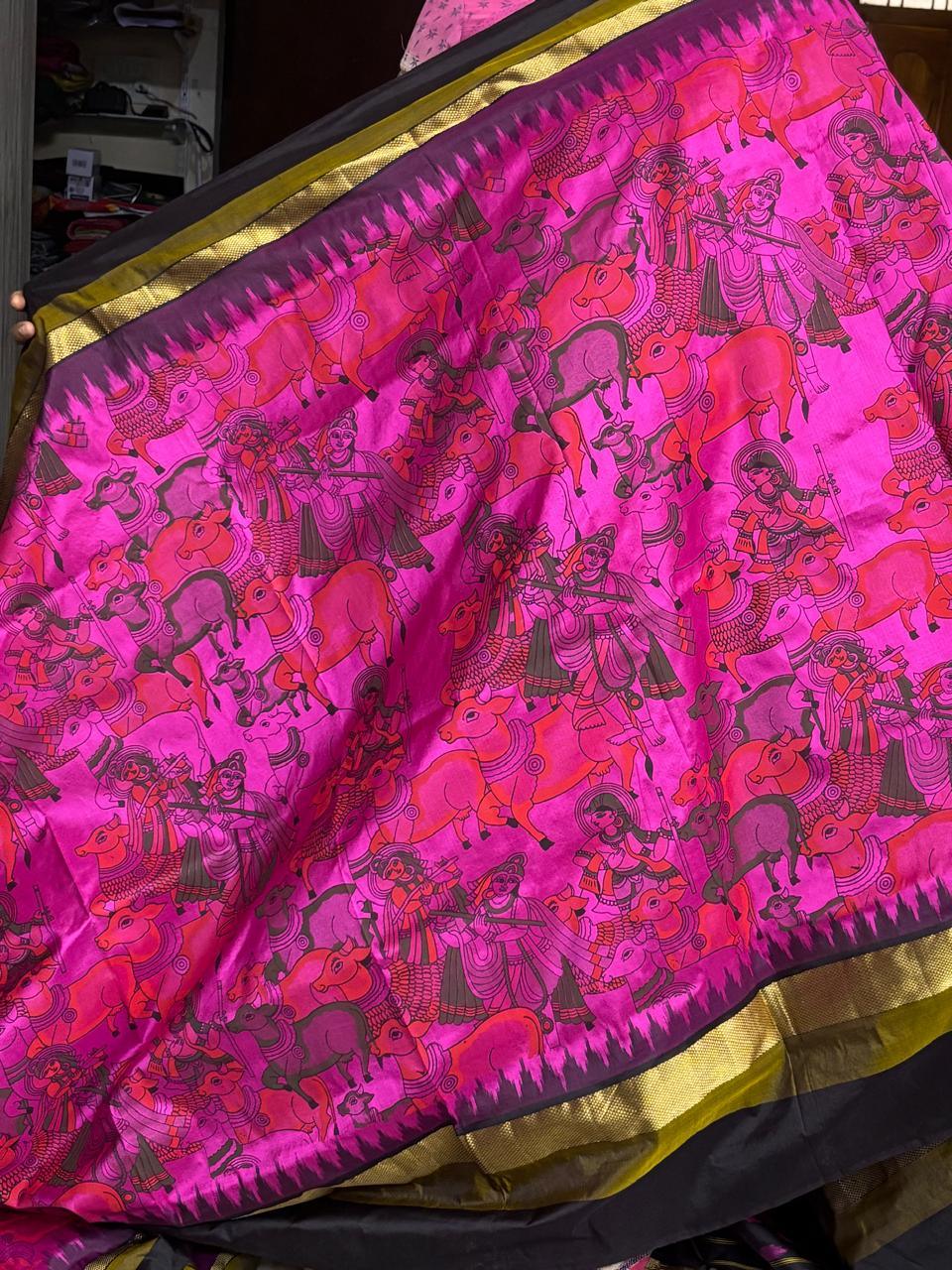 Pochampally Ikat Silk kalamkari Designer Pink Black Sari - pochampallysarees.com