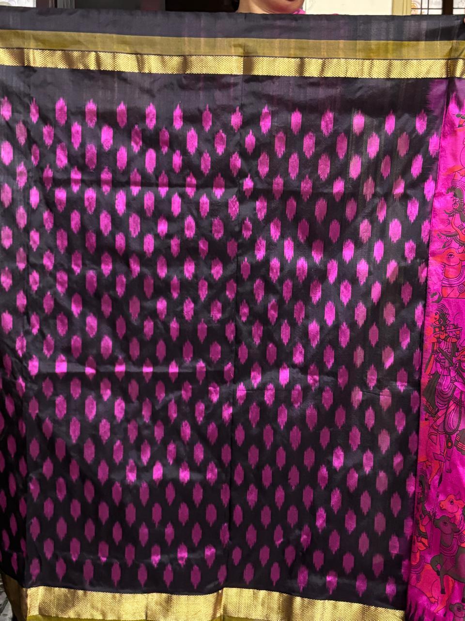 Pochampally Ikat Silk kalamkari Designer Pink Black Sari - pochampallysarees.com