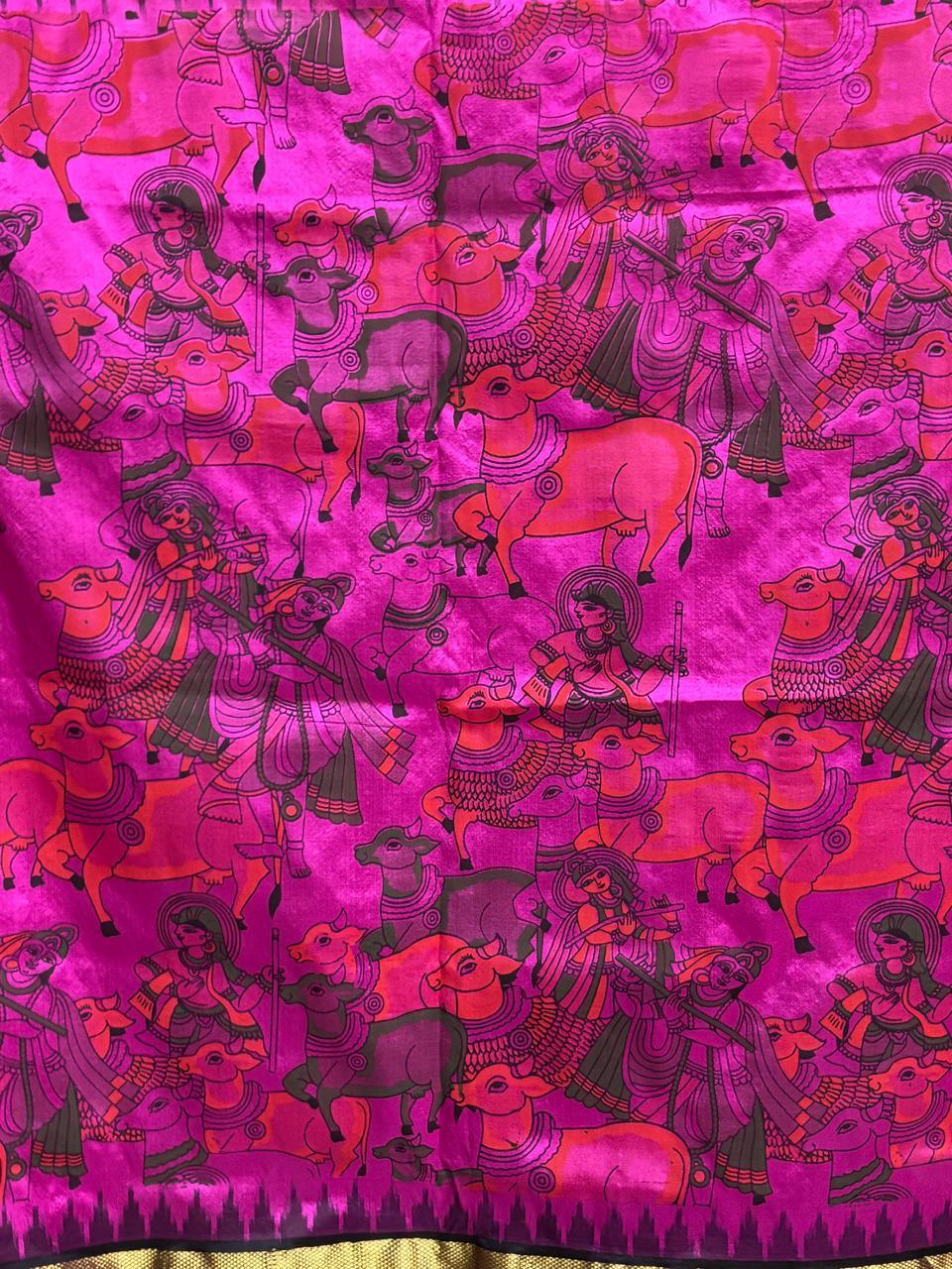 Pochampally Ikat Silk kalamkari Designer Pink Black Sari - pochampallysarees.com