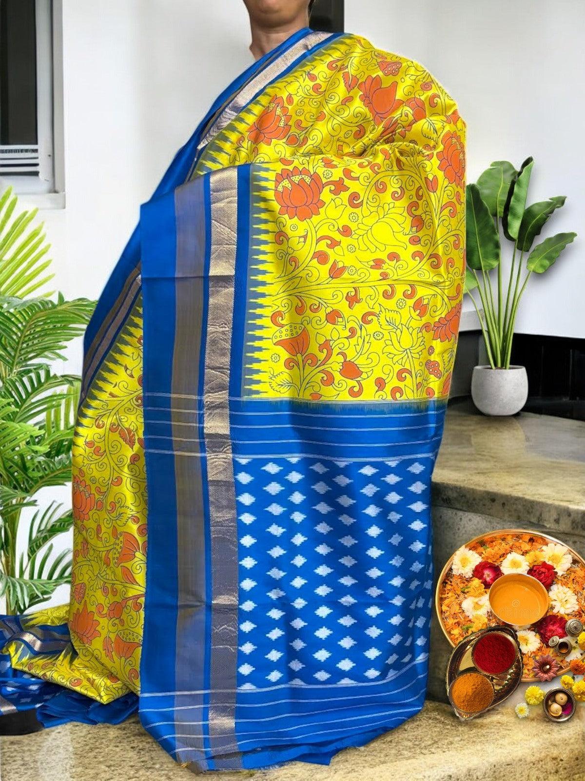 Pochampally Ikat Silk kalamkari Designer Yellow Blue Sari - pochampallysarees.com