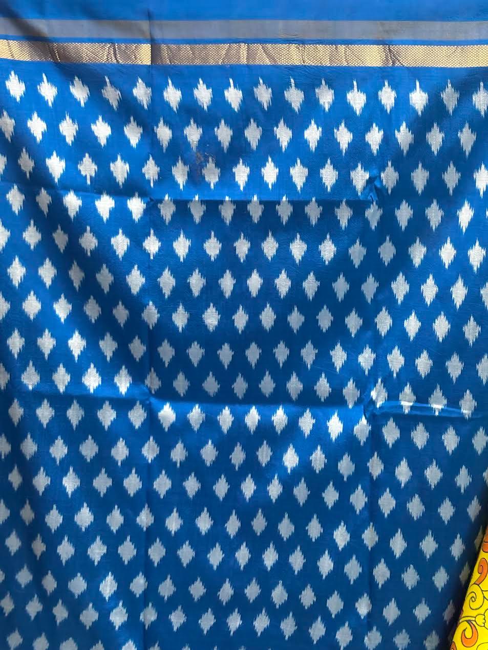 Pochampally Ikat Silk kalamkari Designer Yellow Blue Sari - pochampallysarees.com