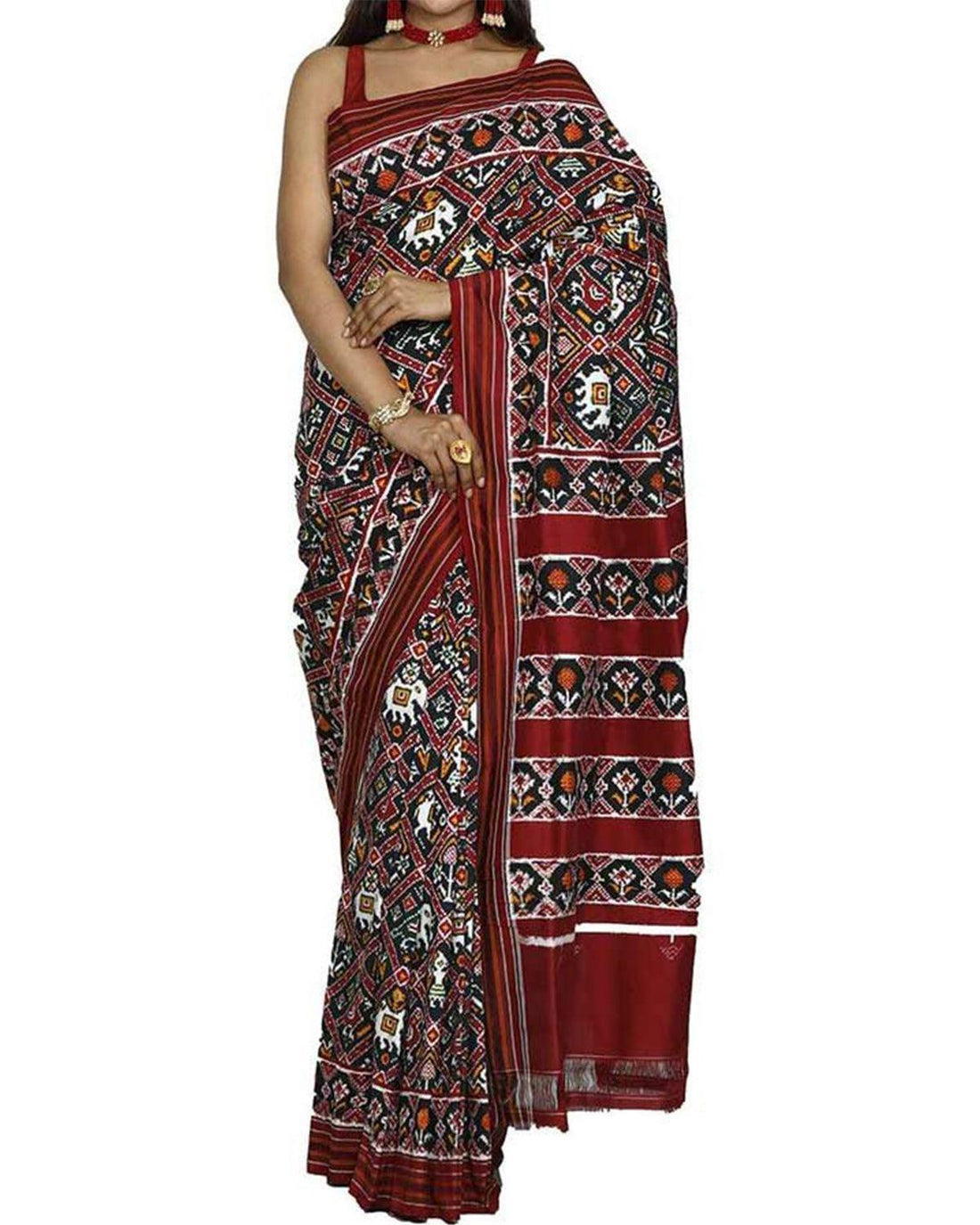 POCHAMPALLY IKAT SILK PATOLA BLACK WITH MAROON COLOR SAREE - pochampallysarees.com