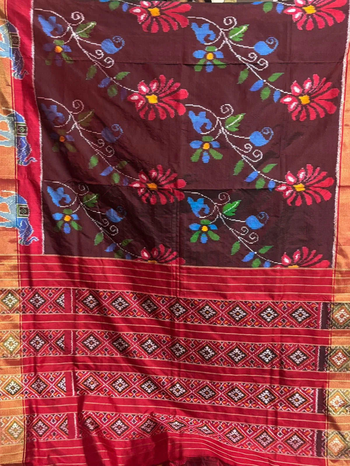 Pochampally Ikat Silk Patola Chocolate Red Sari Online - pochampallysarees.com
