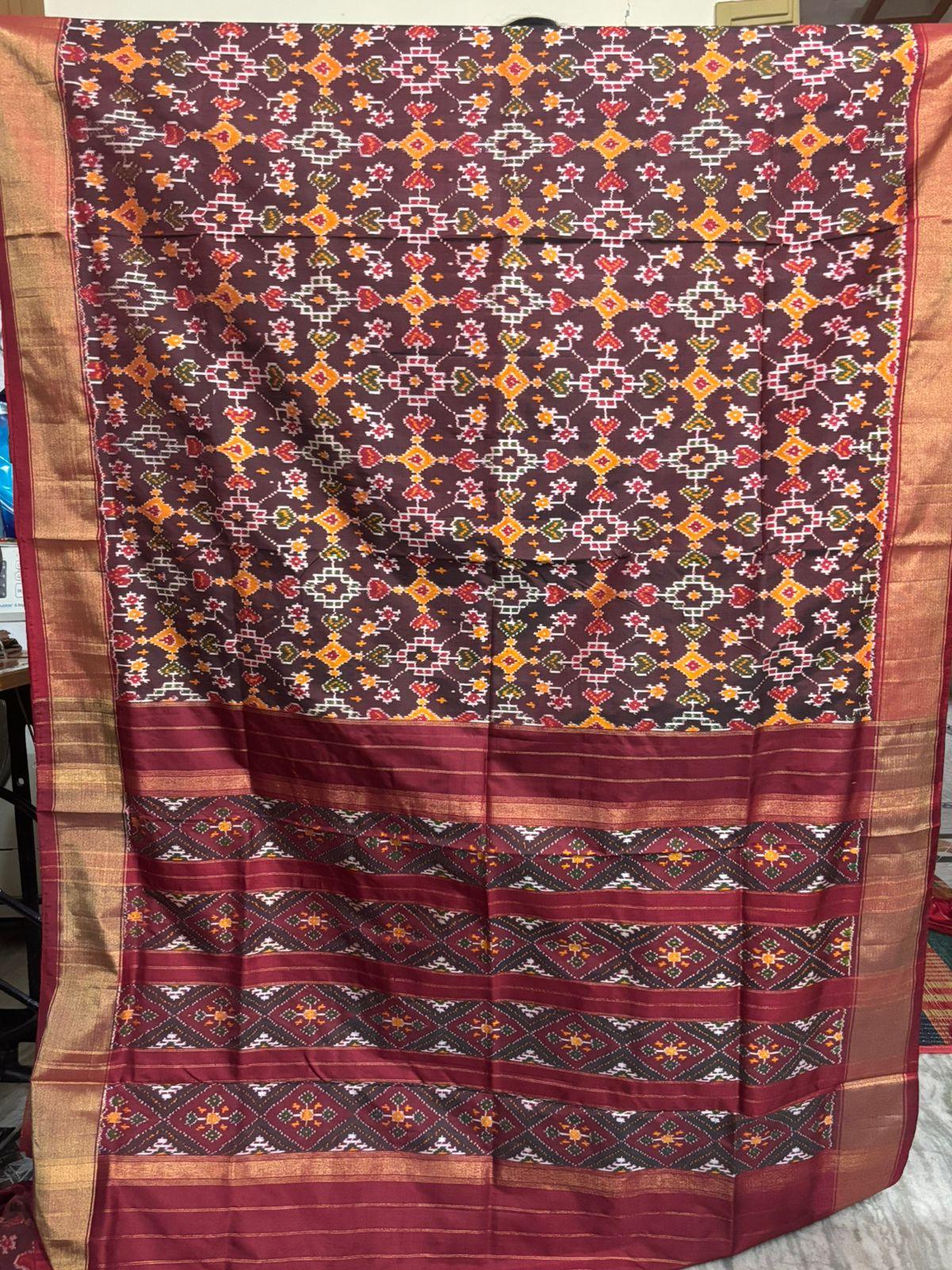 Pochampally Ikat Silk Patola Chocolate Red Sari - pochampallysarees.com