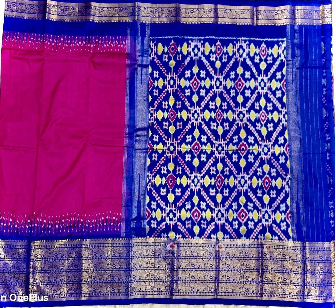 Pochampally Ikat Silk Pink Plain Body With Border And Pallu Blue Sari - pochampallysarees.com