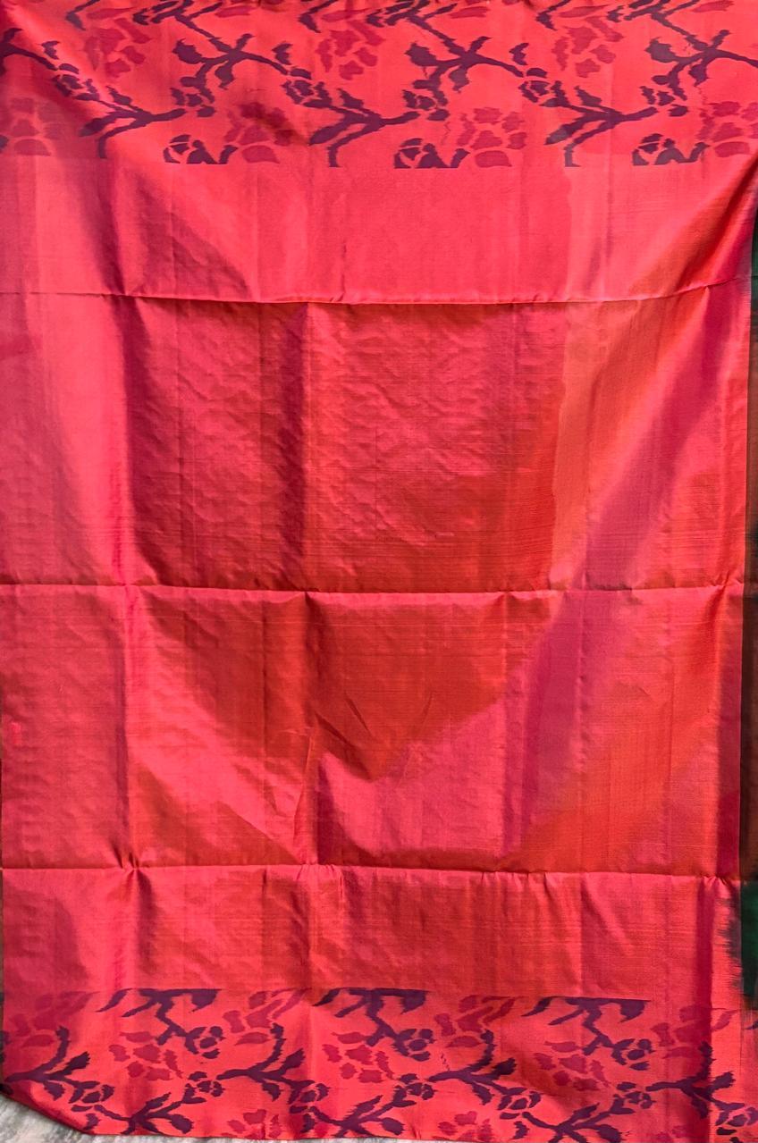 Pochampally Ikat Soft Silk Green Orange Sari - pochampallysarees.com