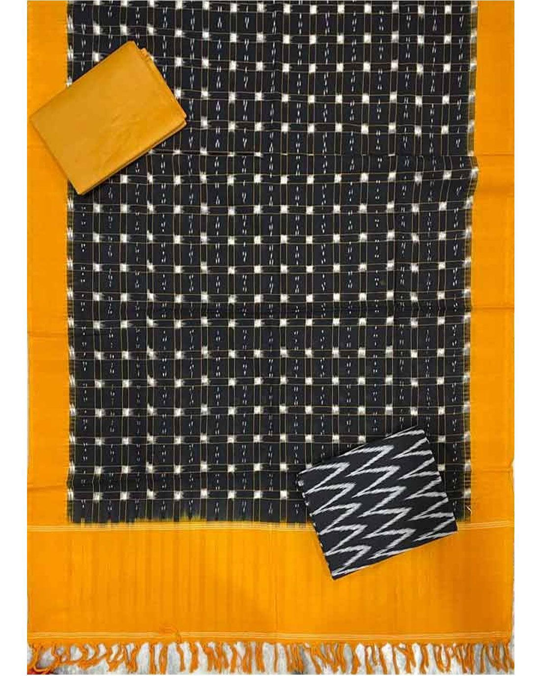 POCHAMPALLY IKKAT BLACK WITH YELLOW COLOR DRESS MATERIAL -C37 - pochampallysarees.com