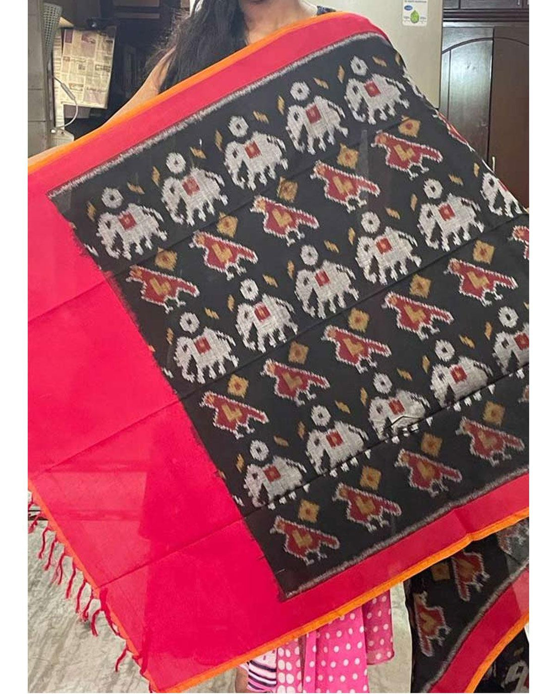 POCHAMPALLY IKKAT COTTON BLACK WITH RED COLOR DUPATTA-C5 - pochampallysarees.com