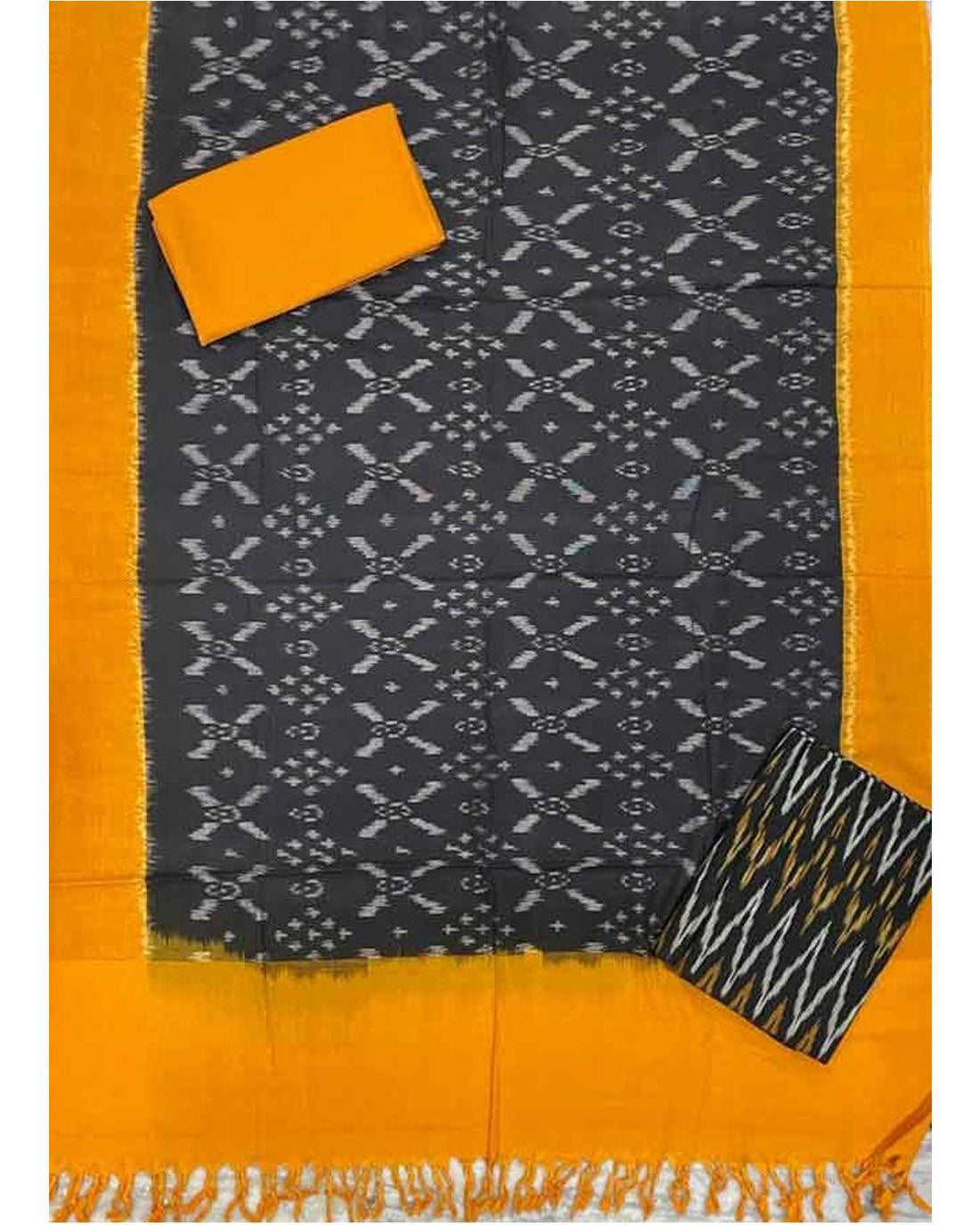 POCHAMPALLY IKKAT COTTON BLACK WITH YELLOW COLOR DRESS MATERIAL -C19 - pochampallysarees.com