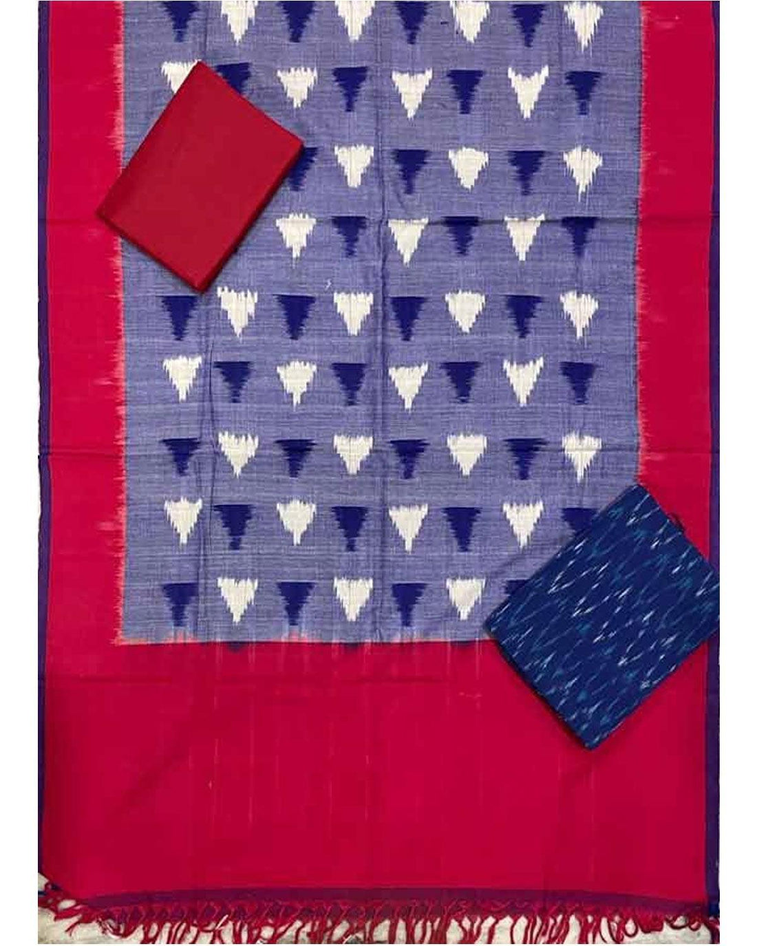 POCHAMPALLY IKKAT COTTON BLUE WITH RED COLOR SUITE - C36 - pochampallysarees.com