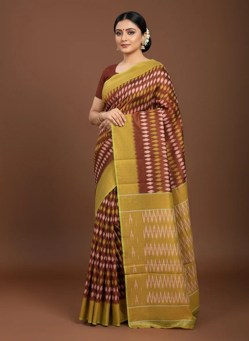 POCHAMPALLY IKKAT COTTON CHOCOLATE YELLOW - pochampallysarees.com