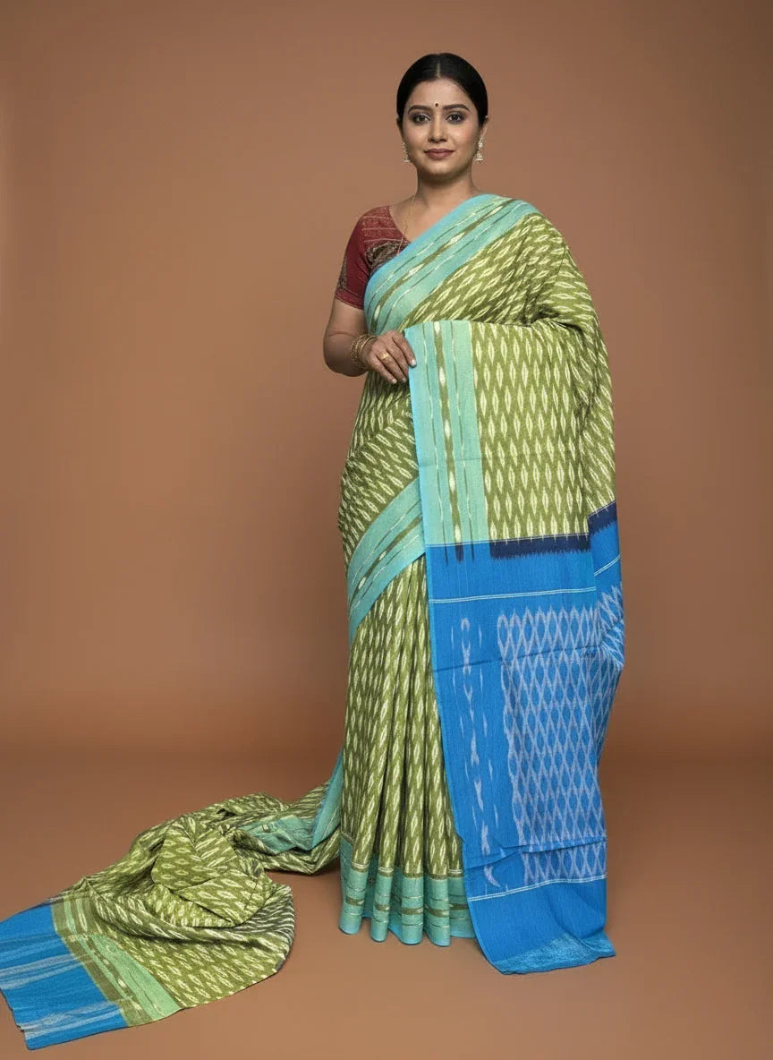 POCHAMPALLY IKKAT COTTON GREEN BLUE - pochampallysarees.com