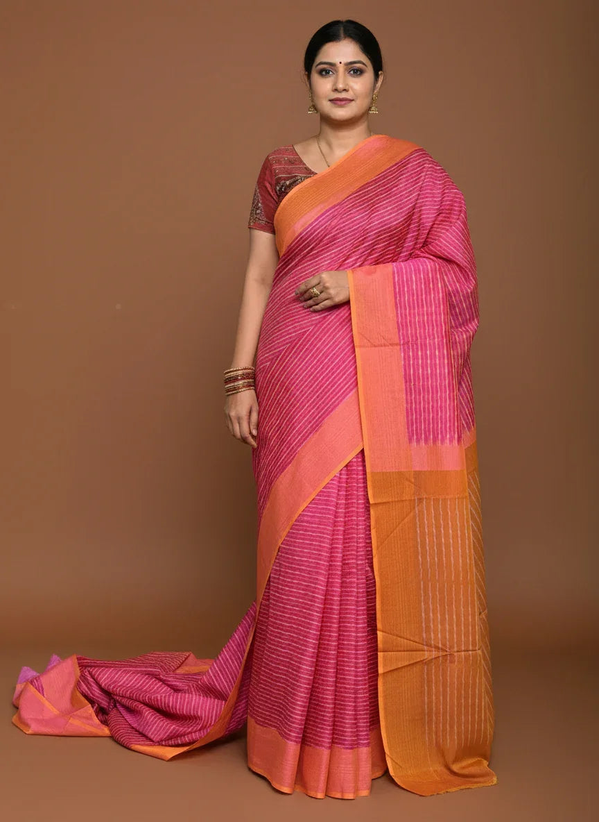 POCHAMPALLY IKKAT COTTON PINK BROWN - pochampallysarees.com