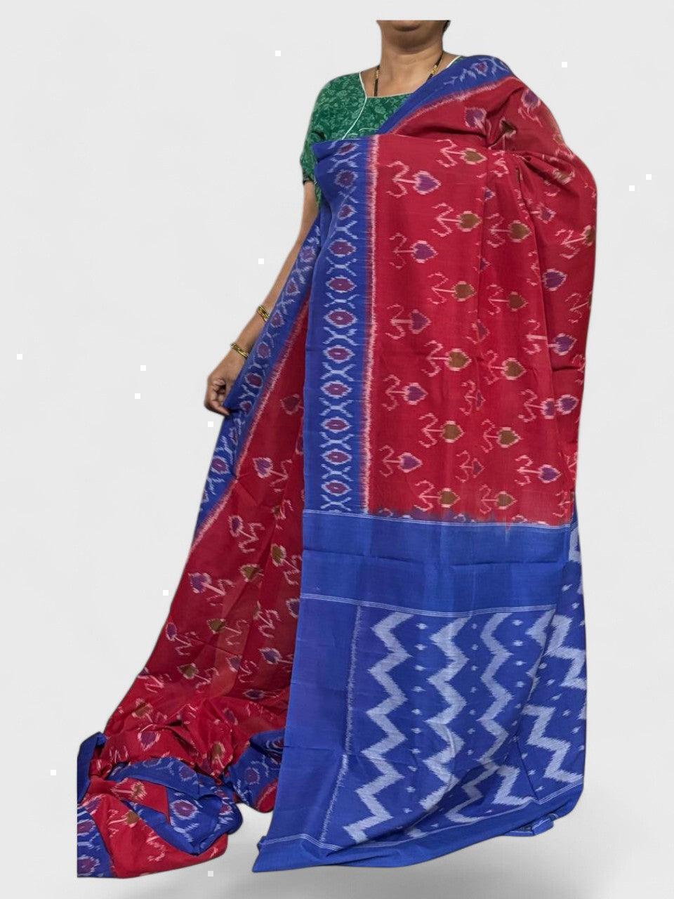 POCHAMPALLY IKKAT COTTON RED BLUE - pochampallysarees.com