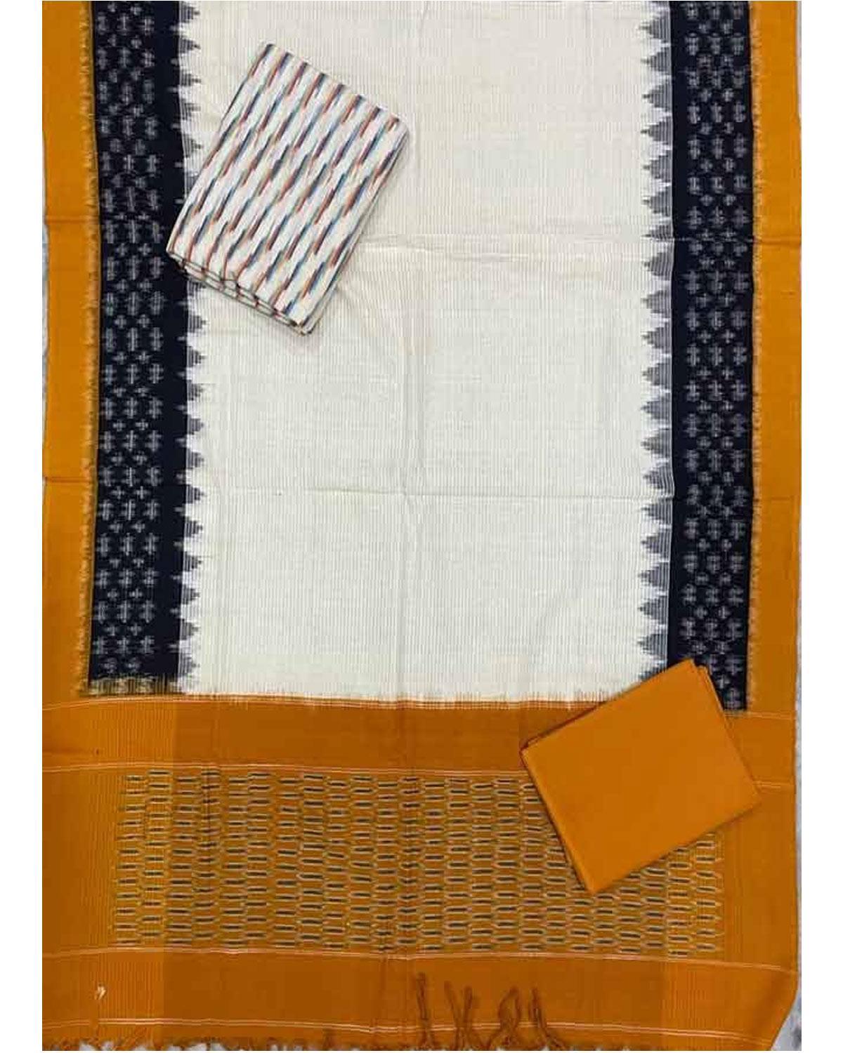 POCHAMPALLY IKKAT COTTON WHITE AND YELLOW COLOR DRESS MATERIAL - C11 - pochampallysarees.com
