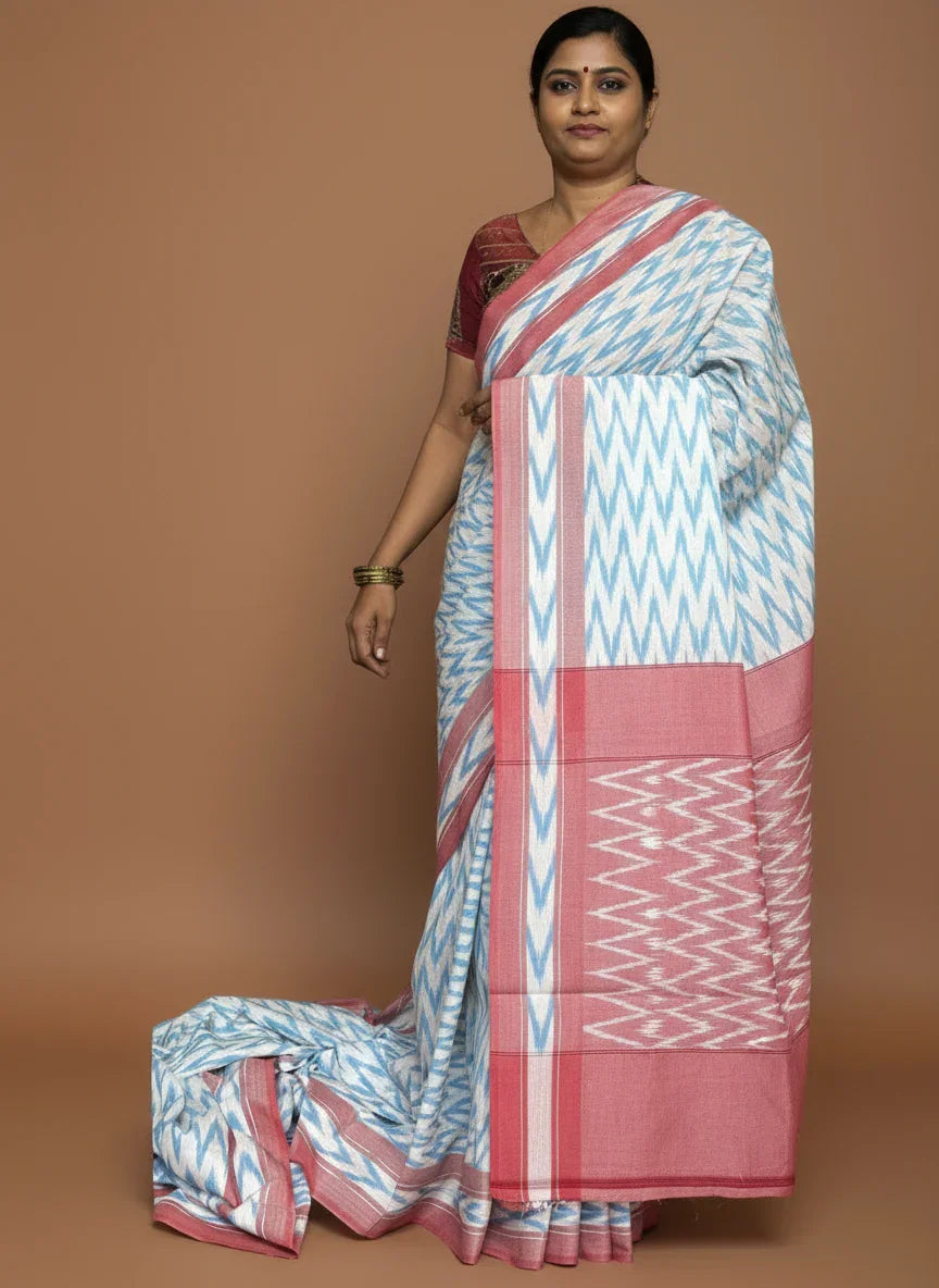 POCHAMPALLY IKKAT COTTON WHITE RED - pochampallysarees.com