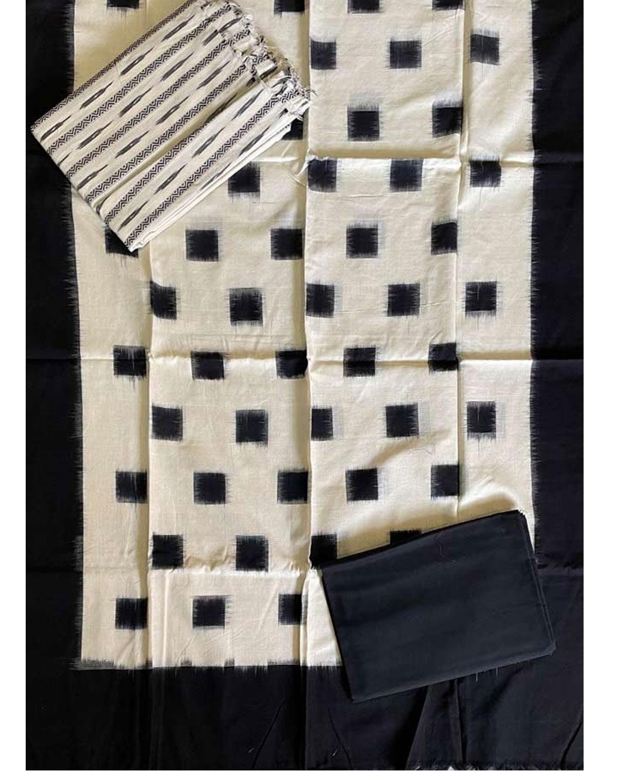 POCHAMPALLY IKKAT COTTON WHITE WITH BLACK COLOR DRESS MATERIAL-B48 - pochampallysarees.com